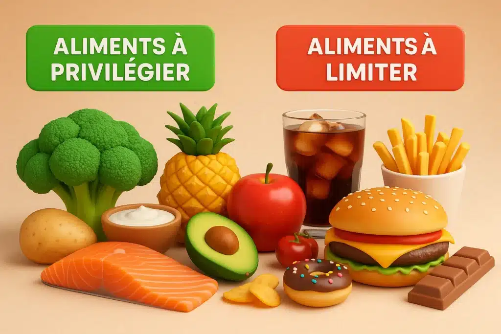 Infographie 3D nutrition après 50 ans : aliments à privilégier comme le saumon, brocoli, avocat et fruits frais, et aliments à limiter comme soda, frites, burger et pâtisseries.