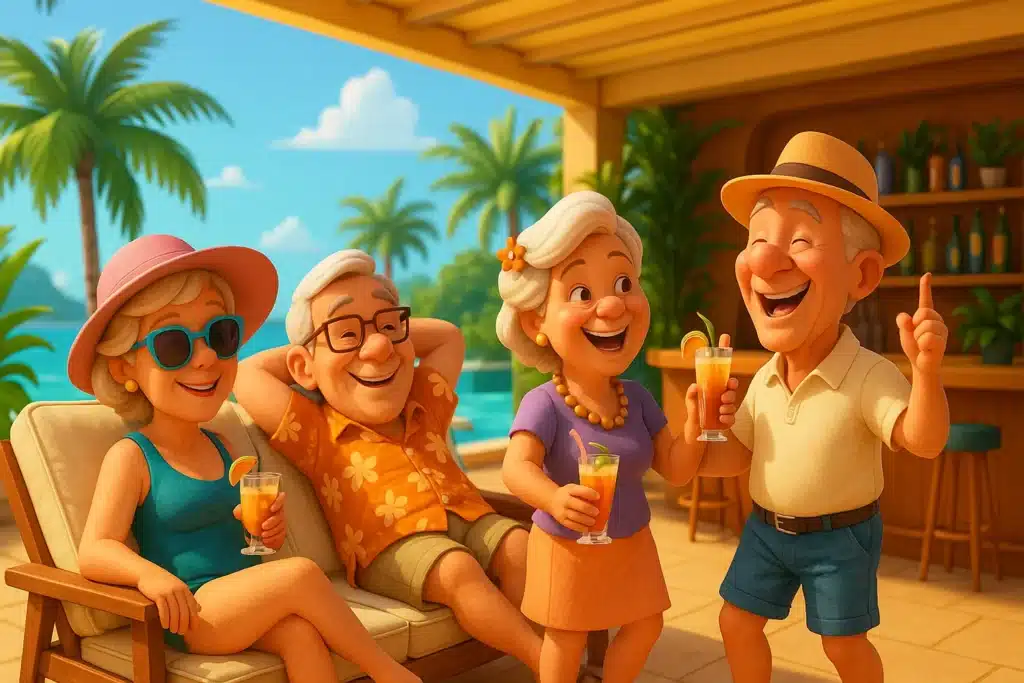 Vacances seniors tout compris en cartoon 3D dans un resort tropical avec bar et cocktails