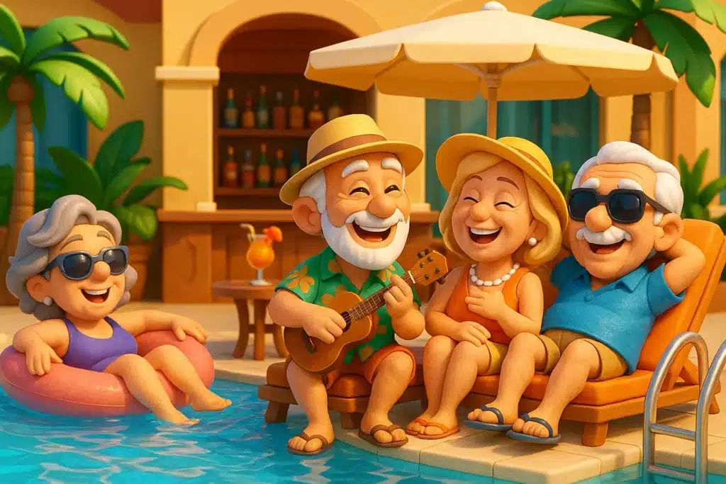 Illustration cartoon 3D de seniors dynamiques profitant de vacances seniors tout compris dans un resort luxueux, autour d’une piscine avec bar, palmiers et cocktails, ambiance festive et conviviale.