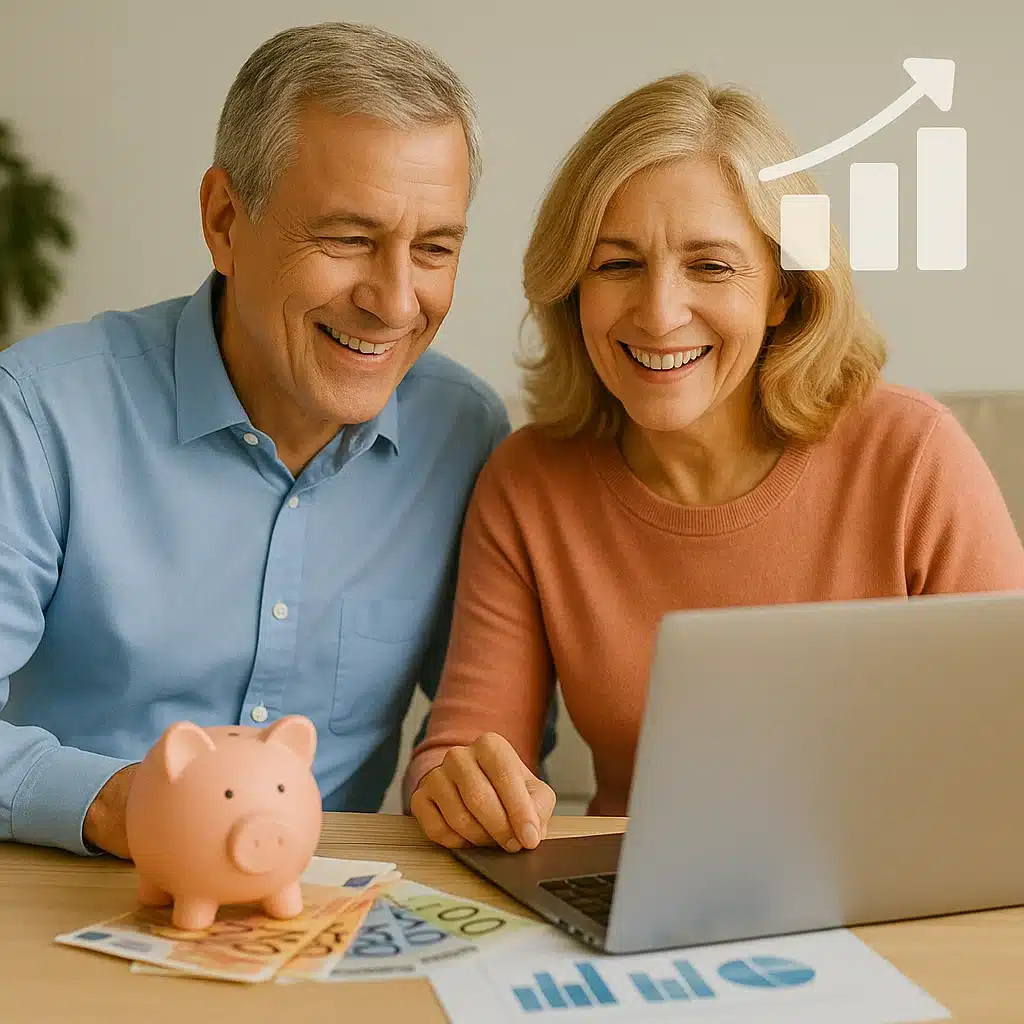 Couple senior souriant gérant leurs finances sur un ordinateur portable avec un cochon tirelire et des billets d’euros, symbole de croissance des revenus