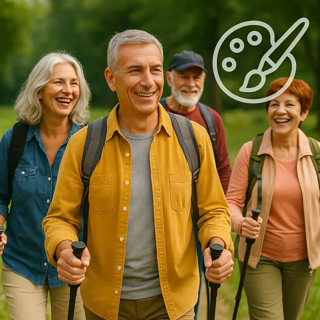 Groupe de seniors heureux en randonnée, souriants avec leurs sacs à dos et bâtons de marche, illustrant les loisirs et passions actives