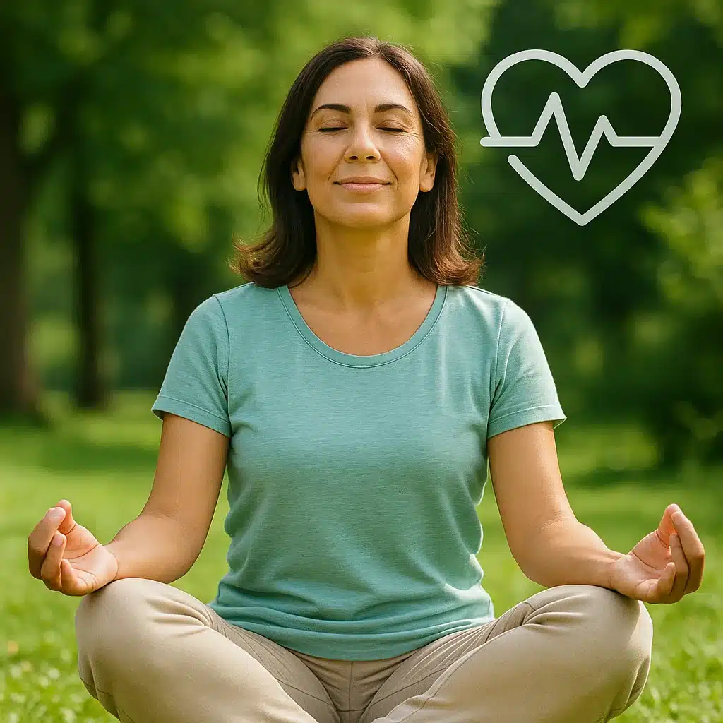 Femme senior pratiquant le yoga en plein air dans un parc verdoyant, symbole de santé et bien-être