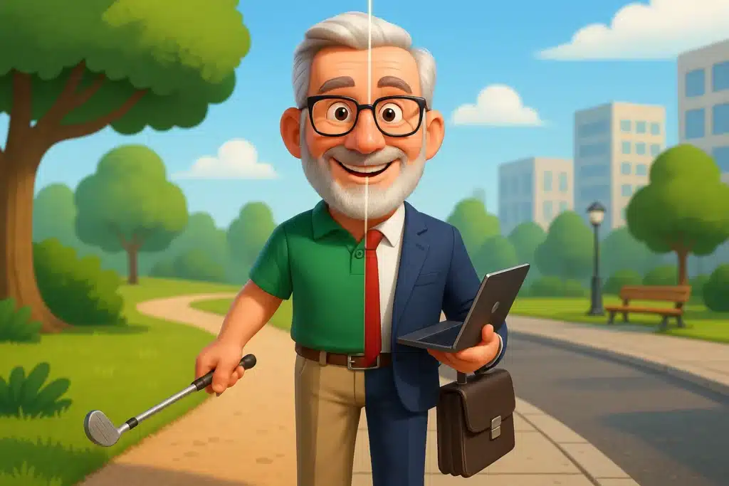 cette image represente un retraite en style cartoon 3D qui pour moitier est à la retraite et pour l'autre au travail. Cela illustre parfaitement l'article travailler à la retraite