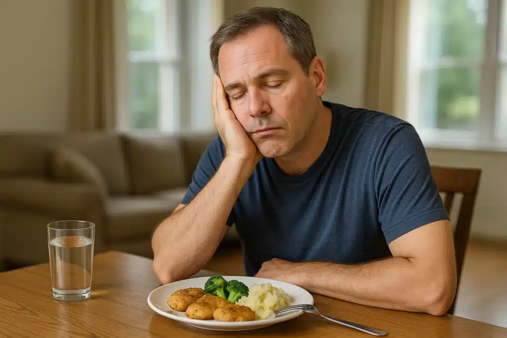 Un homme d’une cinquantaine d’années somnole à table après son repas, illustrant l’envie de dormir après manger chez les seniors.
