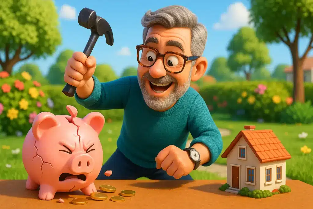 Jeune senior cartoon 3D casse sa tirelire pour investir dans un projet immobilier
