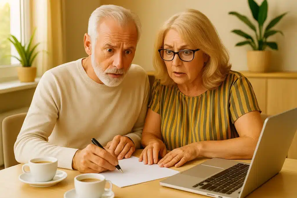 Couple de seniors concentrés devant un ordinateur portable, examinant des documents de mutuelle senior