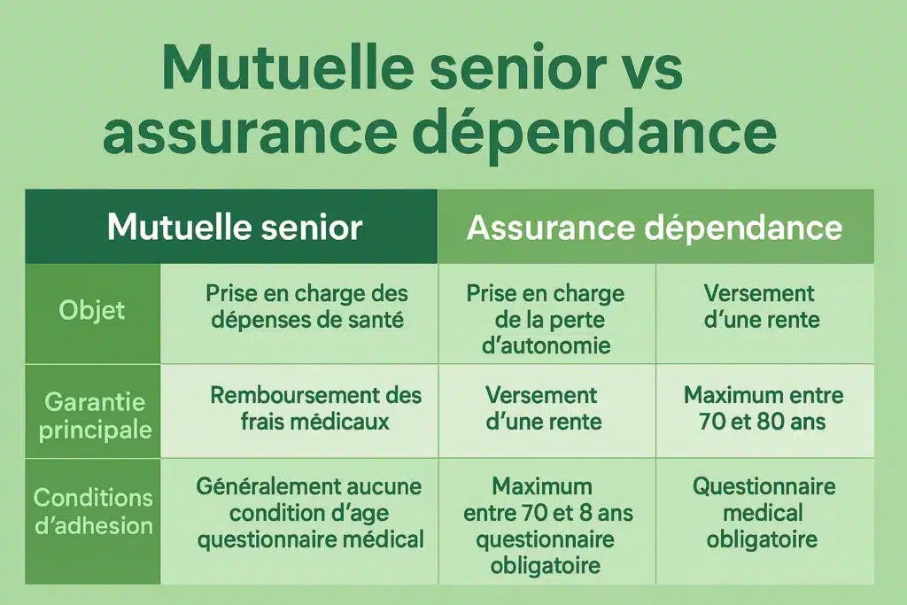 Infographie mutuelle seniors vs assurance dépendance : remboursements santé contre rente perte d’autonomie