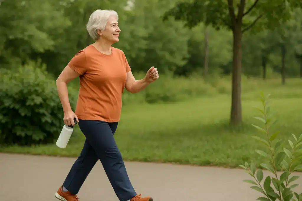 Une dame fait de la marche rapide pour rester en bonne santé après 60 ans