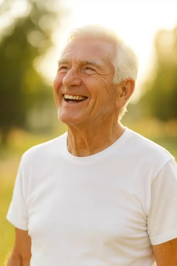 Un senior plus, en t-shirt blanc, heureux et en bonne santé qui rayonne de bonheur représente bien le blog papy-max.fr