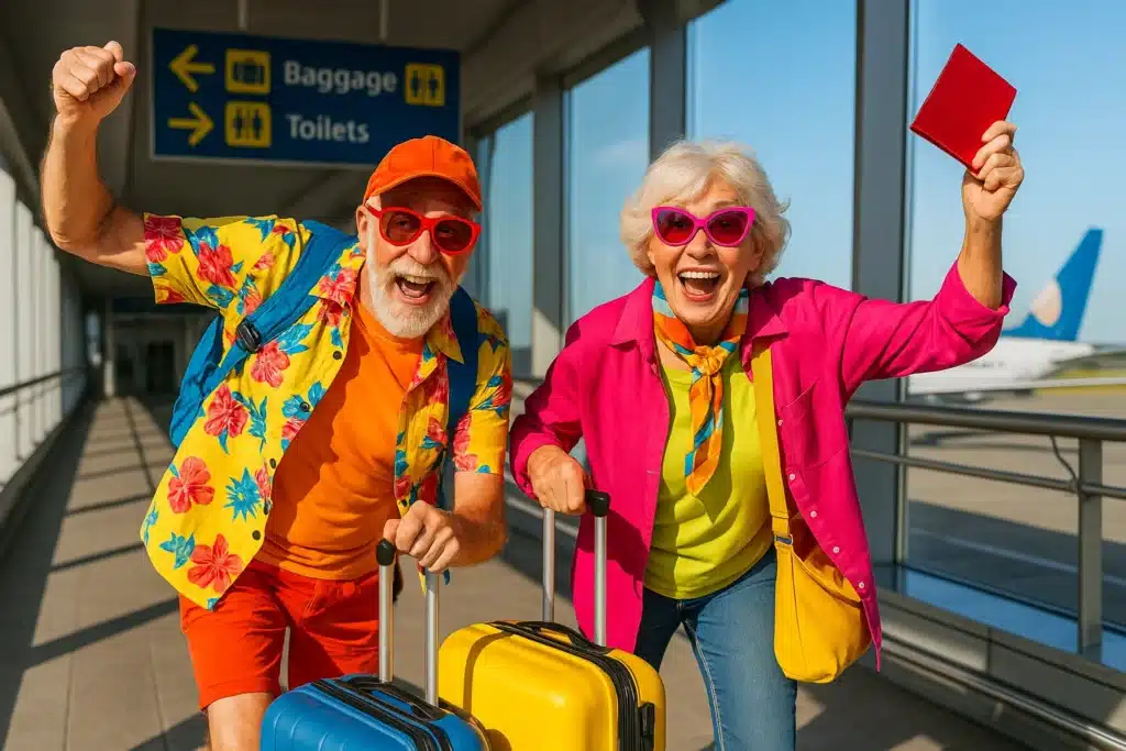Couple de seniors joyeux et déjantés en vêtements colorés tirant leurs valises dans un aéroport moderne, prêts à partir en voyages seniors