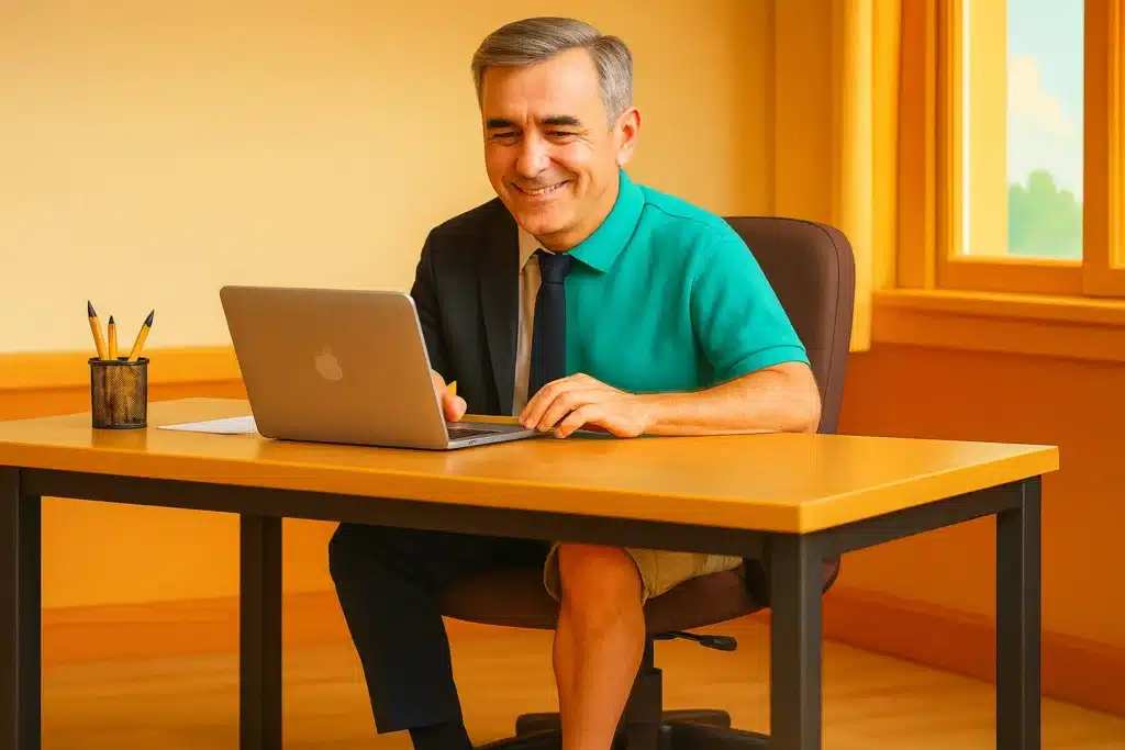 Homme senior assis à son bureau, moitié en costume-cravate et moitié en tenue décontractée avec short et sandales, symbolisant la retraite progressive