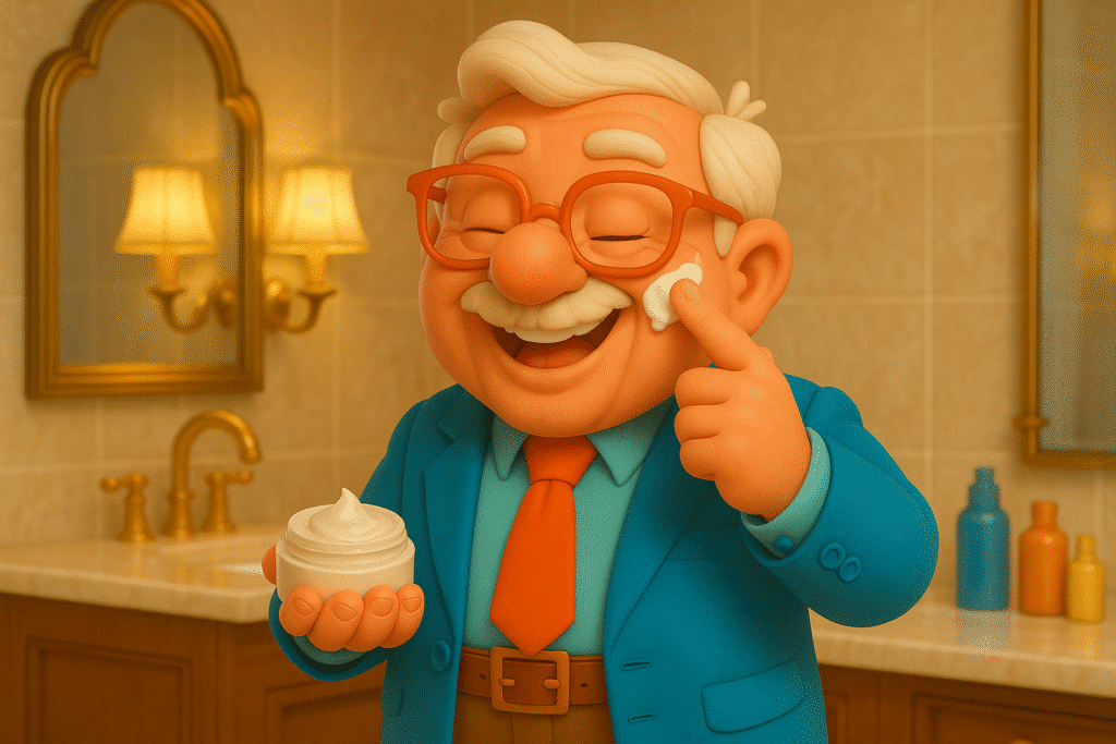 Papy Max applique une crème anti-âge dans sa salle de bain luxueuse, tout sourire