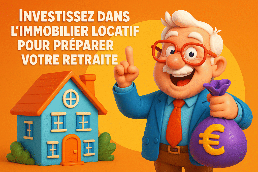 Illustration cartoon 3D d’un homme senior souriant tenant un sac d’argent devant une maison colorée, avec le texte “Investissez dans l’immobilier locatif pour préparer votre retraite