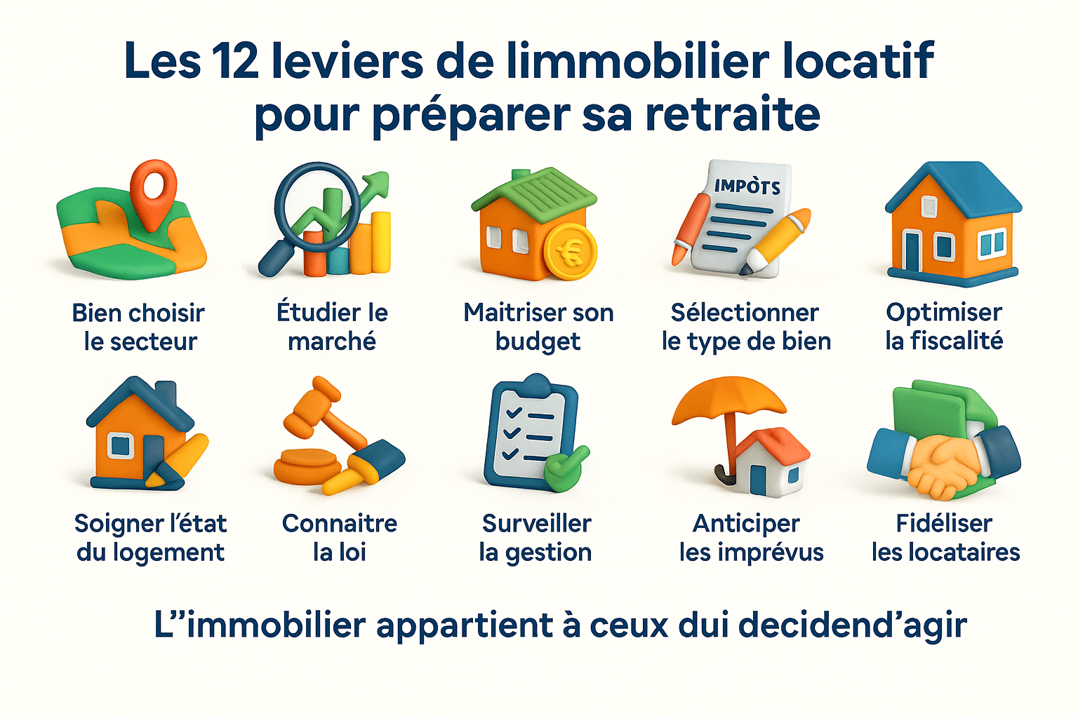 Infographie 3D illustrant les 12 leviers essentiels de l’immobilier locatif pour préparer sereinement sa retraite, avec icônes modernes et fond clair.