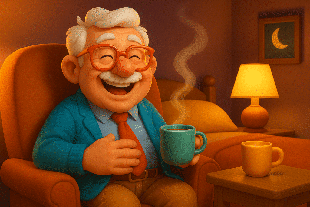 Papy Max détendu dans son fauteuil avec une tasse de tisane fumante, prêt à bien dormir