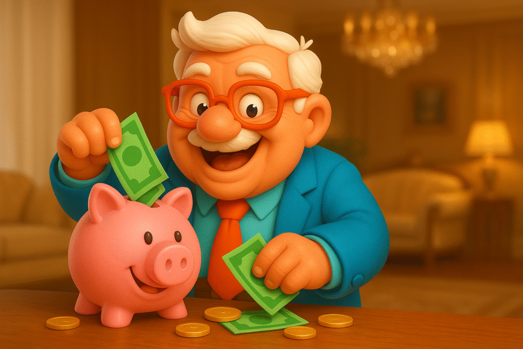 Papy Max souriant en costume-cravate alimente sa tirelire avec des billets et des pièces, symbole d’une bonne gestion financière et d’un découvert bancaire maîtrisé.