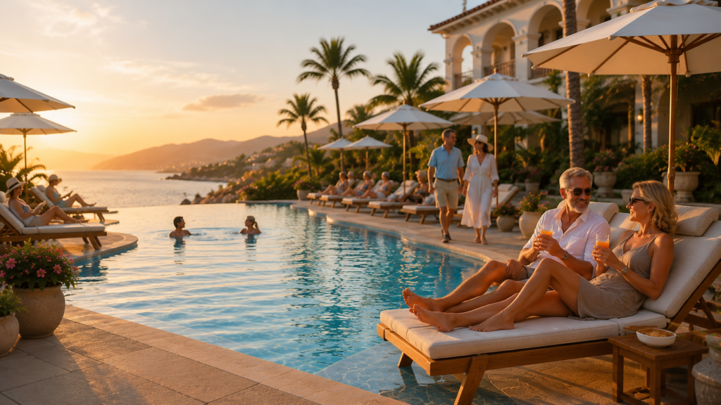 Couples profitant d'une piscine calme dans un hôtel Adults Only en bord de Méditerranée